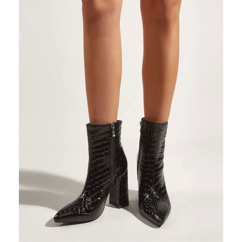 Side Zip Croc Embossed Chunky Heeled Boots - Picture 4 of 4